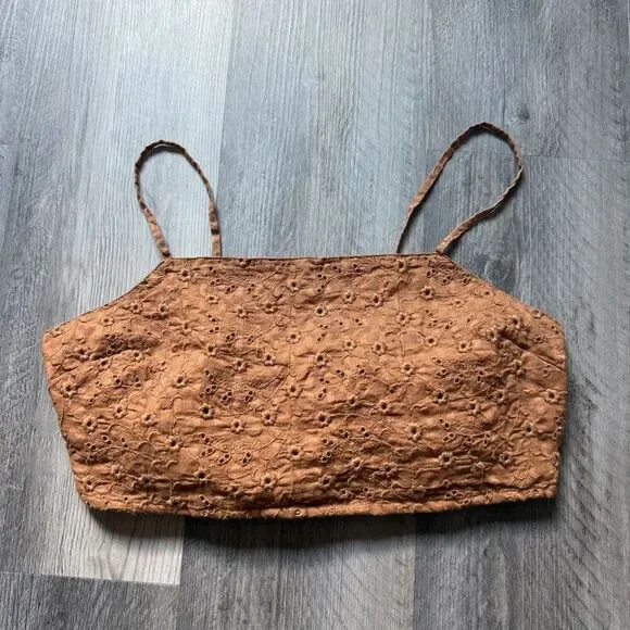 American Eagle Chestnut Eyelet Crop Top Smocked Large Festival Summer - Picture 2 of 7